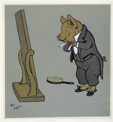 Gris som sköter sig själv, justerar sin knut framför en spegel - i "" Merry Party"", ill. av Cecil Aldin, red. Hodder & Stoughton, London