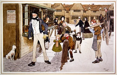"Pigg går för att ta emot vittnesmålet", illustration från Handley Cross av R. S. Surtees (penna och bläck med akvarell på papper)