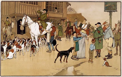 Stanna till på värdshuset under en harjakt. Akvarell av Cecil Aldin (1870-1935)
