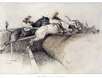 The Grand National Steeplechase i Liverpool: hoppet från bänken - teckning av Cecil aldin