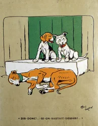 Varför hoppar vi inte på två hundar som tvekar att väcka en sovande jäst? Akvarell av Cecil Aldin (1870-1935) 1800-talets Paris, dekorativ konst