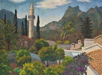 Turkisk by med moskén, Cypern