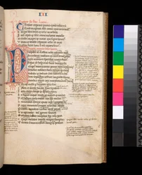 Ms 325. Lucan, Bellum Civile, och andra verk, f.35r. Delad initial [P] i rött och blått med kontrasterande penna blomstrande, c.1353 (pergament)