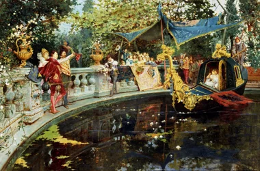 Avresan Cesare. Underhållning vid det engelska hovet: båttur i en bassäng. Målning av Agostino Detti (1847-1914 Italien) Privat samling