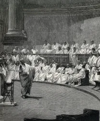 Cicero fördömer konspiratören Catilina (gravyr)