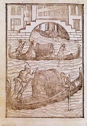 Gondoler i lagunen i Venedig på 1400-talet Gravyr från "" Av gamla och moderna kläder "" av Cesare Vecellio (1521-1601) 1590 Venedig Biblioteca Marciana