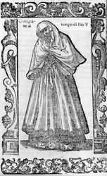Renässans: en kurtisan på påven Pius V:s tid (1566-1572). Gravyr från "" Moderna och antika dräkter"" av Cesare Vecellio