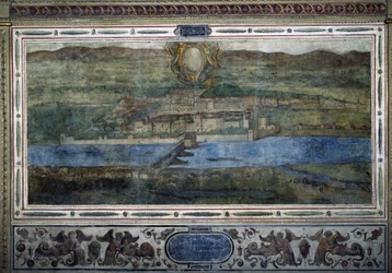 Utsikt över staden Innsbruck, Österrike. Vy över städerna i det Habsburgska riket. Freskomålning från Michelozzo-gården i Palazzo Vecchio i Florens. Målning av Sebastiano Veronese Giovanni Lombardi, Cesare Baglioni och Turino da Piamonte, ca 1565. Storlek