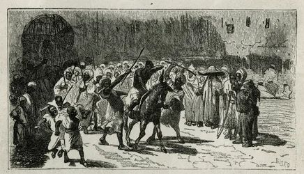 en tjuvs ord, klättrar på en mula, han tar emot batonger under folkmassans färger, graverad av C. Biseo, för att illustrera berättelsen Le Maroc av Edmondo de Amicis, 1875, publicerad i tour du monde, under regi av Edouard Charton