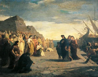 Agrippina anländer till hamnen i Brindisi med Germanos aska, av Cesare Caroselli (1847-1927), olja på duk, Julio-Claudian dynastin, Italien