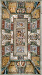 Pier Maria Rossi har äran av Sankt Mikaels Orden, Vy över taket på Sala delle Gesta Rossiane, Rocca dei Rossi, San Secondo, Parma, Italien, ca 1570 (fresk)