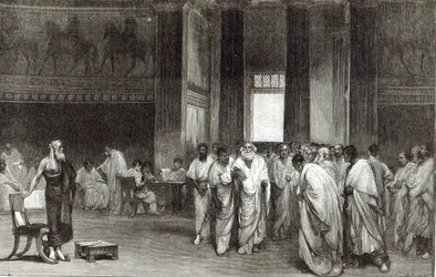 Appius Claudius övertalar senaten att avslå Pyrrhus erbjudande om fred, från "Leisure Hour", 1891