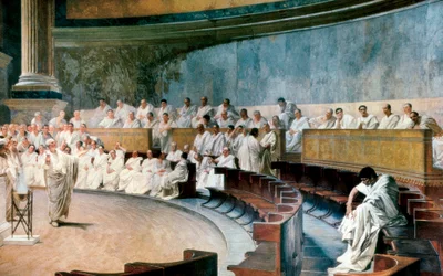 Cicero avslöjar Catilina den 8 november 63 f.Kr. Scenen utspelar sig i den romerska senaten, fresk utförd mellan 1882 och 1888 av Cesare Maccari