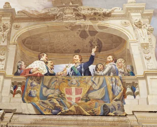 Detalj från Allegory of Italy, fresk av Cesare Mariani (1826-1901), tak, Majoritetssalen, Palazzo delle Finanze (Finanspalatset), Rom. Italien