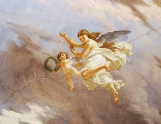 Detalj från Allegory of Italy, fresk av Cesare Mariani (1826-1901), tak, Majoritetssalen, Palazzo delle Finanze (Finanspalatset), Rom. Italien