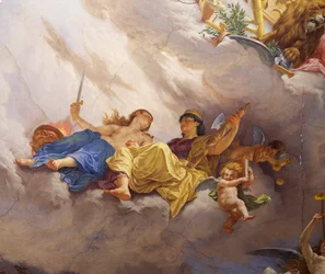 Detalj från Allegory of Italy, fresk av Cesare Mariani (1826-1901), tak, Majoritetssalen, Palazzo delle Finanze (Finanspalatset), Rom. Italien