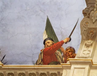 Detalj från Allegory of Italy, fresk av Cesare Mariani (1826-1901), tak, Majoritetssalen, Palazzo delle Finanze (Finanspalatset), Rom. Italien