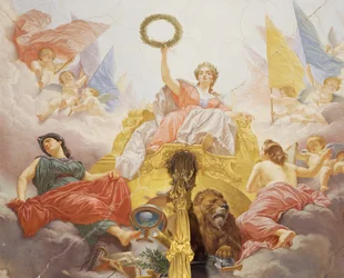 Detalj från Allegory of Italy, fresk av Cesare Mariani (1826-1901), tak, Majoritetens hall, Palazzo delle Finanze (Finanspalatset), Rom. Italien