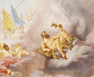 Detalj från Allegory of Italy, fresk av Cesare Mariani (1826-1901), tak, Majoritetssalen, Palazzo delle Finanze (Finanspalatset), Rom. Italien