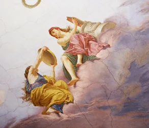 Detalj från Allegori över Italien, fresco av Cesare Mariani (1826-1901), tak, majoritetssalen, Palazzo delle Finanze (finanspalatset), Rom. Italien