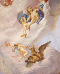 Detalj från Allegory of Italy, fresk av Cesare Mariani (1826-1901), tak, Majoritetssalen, Palazzo delle Finanze (Finanspalatset), Rom. Italien