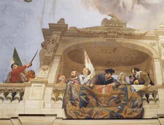 Detalj från Allegory of Italy, fresk av Cesare Mariani (1826-1901), tak, Majoritetssalen, Finanspalatset, Rom. Italien