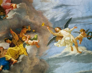 Detalj av Allegory of Italy, fresk av Cesare Mariani (1826-1901), tak i Hall of Majority Palace of Finance, Rom. Italien