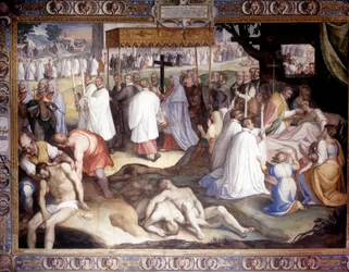 Milanos pest: St. Charles Borromeo (1538 - 1584) kommunicerar de döende. Fresk av Carlo Nebbia på Borromeo College i Pavia. 1500-talet