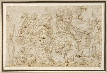 Ark med figurstudier, c. 1600 (bläck och tvätt, penna, krita på lagt papper)