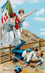 Första världskriget: affisch som visar en allegori om Italien och Frankrike som jagar Tyskland bortom gränsen. Illustration av Cesare Tallone (1853-1919) Privat samling