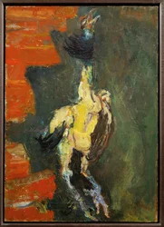 Kyckling, hängande framför en tegelvägg, ca 1924 (målning på duk)