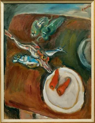 Stilleben med fisk, paprika och morötter, ca 1918 (målning på duk)