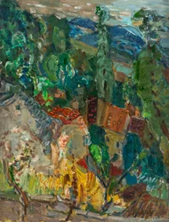 Stadsbild med cypresser, södra Frankrike, 1920-1930-talet.