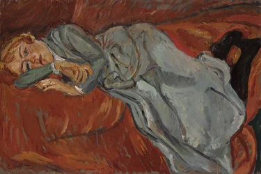 Kvinna liggande på en röd divan, ca 1916