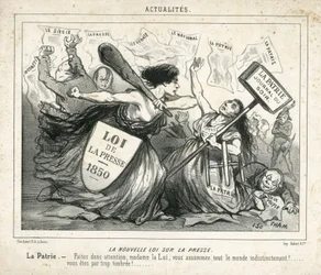 Illustration av Cham (1819-1879) i Le Charivari, cirka 1850-4-3 - Den nya lagen om press - Censur, Press/Media, Loi - Proudhon Pierre-Joseph (1809-1965), Girardin Emile de (1806- 1881) - Allegori