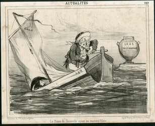 Illustration av Cham (1819-1879) i Le Charivari, cirka 1850 - Prinsen av Joinville har en dålig pilot - Val, republikens president, Maritime Marine Nautique Balneaire - Thiers Adolphe, Francois d