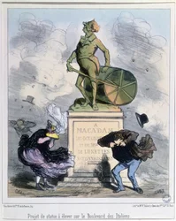 Projekt för att resa en staty för att hedra Macadam på Boulevard des Italiens, Paris (färg litho)