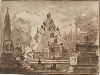 Arkitektonisk fantasi med ett pyramidalt mausoleum, ca 1747 (penna och brunt bläck med brun lavering på papper)
