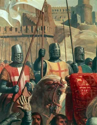 Knights Crusaders, detalj från slaget vid Ascalon mellan Godfrey av Bouillon och Al Afdals egyptier, målning av Charles-Philippe Lariviere (1798-1876)