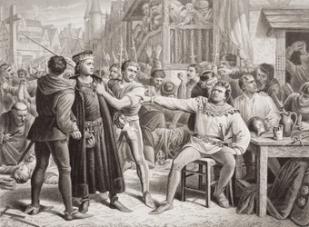 Lord Saye och Sele förda inför Jack Cade, 4 juli 1450, från "Illustrations of English and Scottish History" volym I (gravyr)