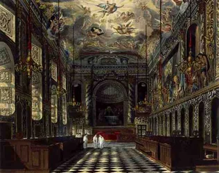 Det kungliga kapellet, Windsor Castle, från "Royal Residences", graverat av Thomas Sutherland (f.1785), pub. av William Henry Pyne (1769-1843)