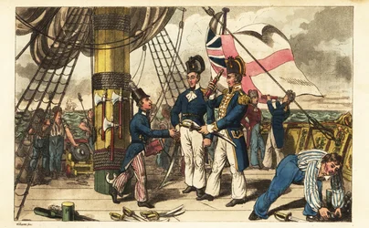 Kapten Spring gör Midshipman Newcome till sin medhjälpare och ger honom sitt svärd på kvartsdäcket på HMS Victory