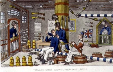 The Gun Room, Newcome in the Bilboes, tallrik från "The Adventures of Johnny Newcome in the Navy" av John Mitford (1782-1831) 1818 (litho)