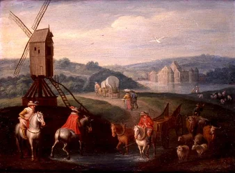 Landskap med en väderkvarn (olja på panel)