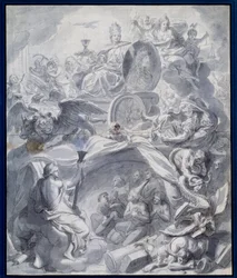 Allegori: "" The Victorious Church of Heresie or the Triumph of Religion"" Ritning av en gouache och tvätt av Charles Lebruns verkstad (Le Brun) (1619-1690) 1600-talets Paris, Musee du Louvren