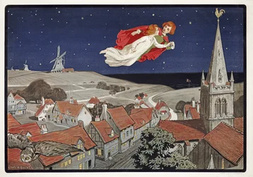 Peter och Wendy flyger från Peter Pan av J M Barrie (1860 - 1937), pub. 1904 (färg litho)