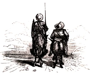 Don Quijote på sin häst, bredvid Sancho på sin åsna