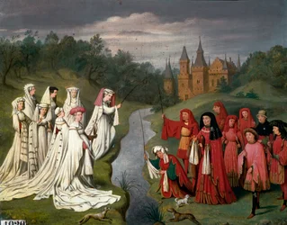 Nio prinsar och åtta prinsessor av huset Bourgogne från Philippe the Hardi till Charles the Temeraire, jagar en falk eller fiskar en lina i parken till ett slott Målning av Charles Alexandre (Charles-Alexandre) Debacq (1804-1850), efter Jan Van Eyck
