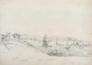 Till höger, fransmännens läger från Baudin-expeditionen till Bennelong-punkten, vänster, Sydney, hem för Nicolas Bayley- penna och bläck av Charles Alexandre Lesueur