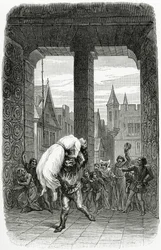 Quasimodo räddar Esmeralda från avrättning - illustration från Notre Dame de Paris, 1800-talet (bw gravyr)